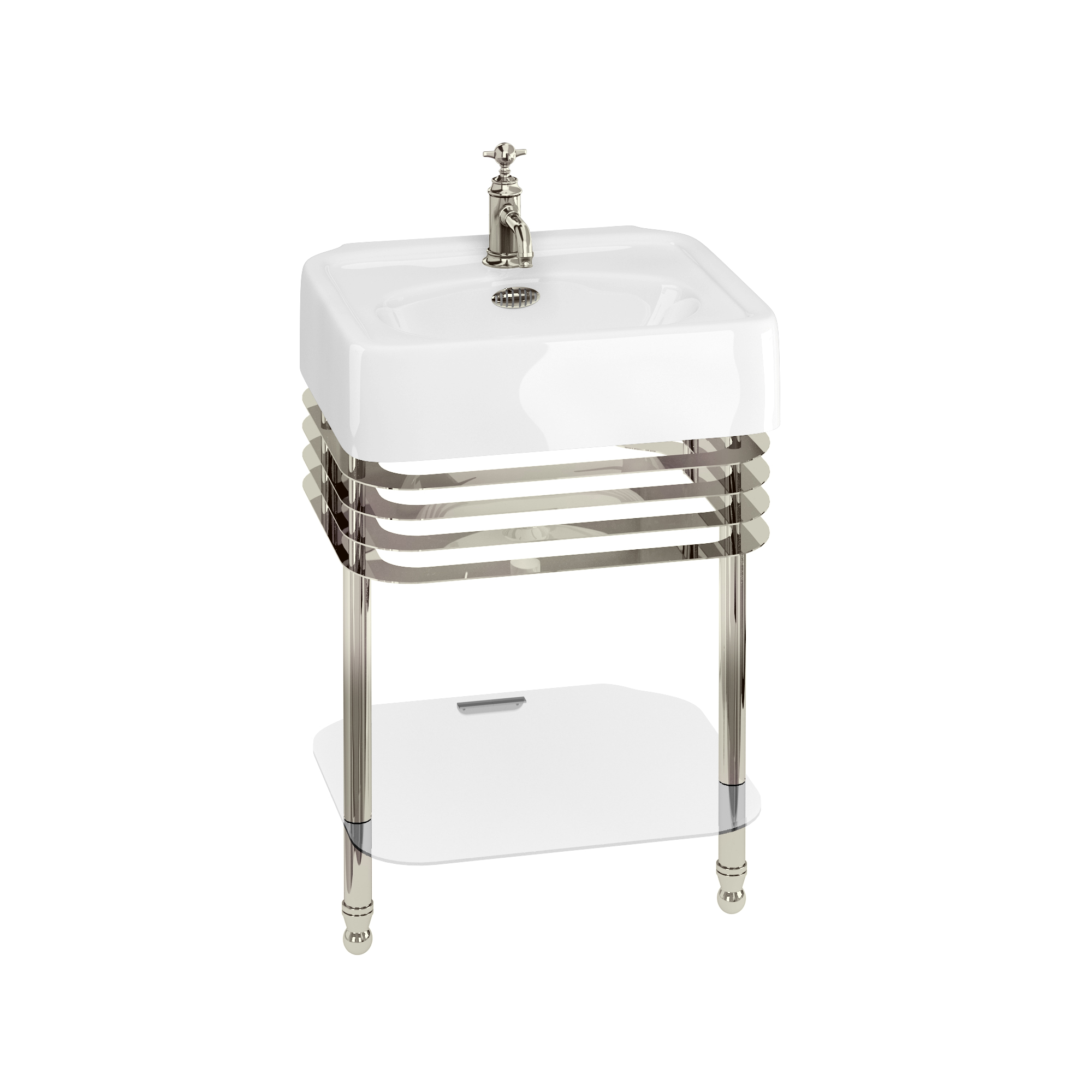 Arcade 600mm basin with nickel overflow & basin stand